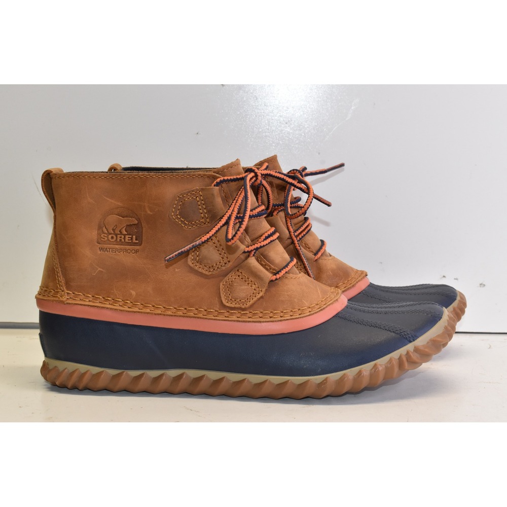 Sorel Out N About Rain Boots Brown Navy Womens 8 Waterproof Duck Outdoor Leather
